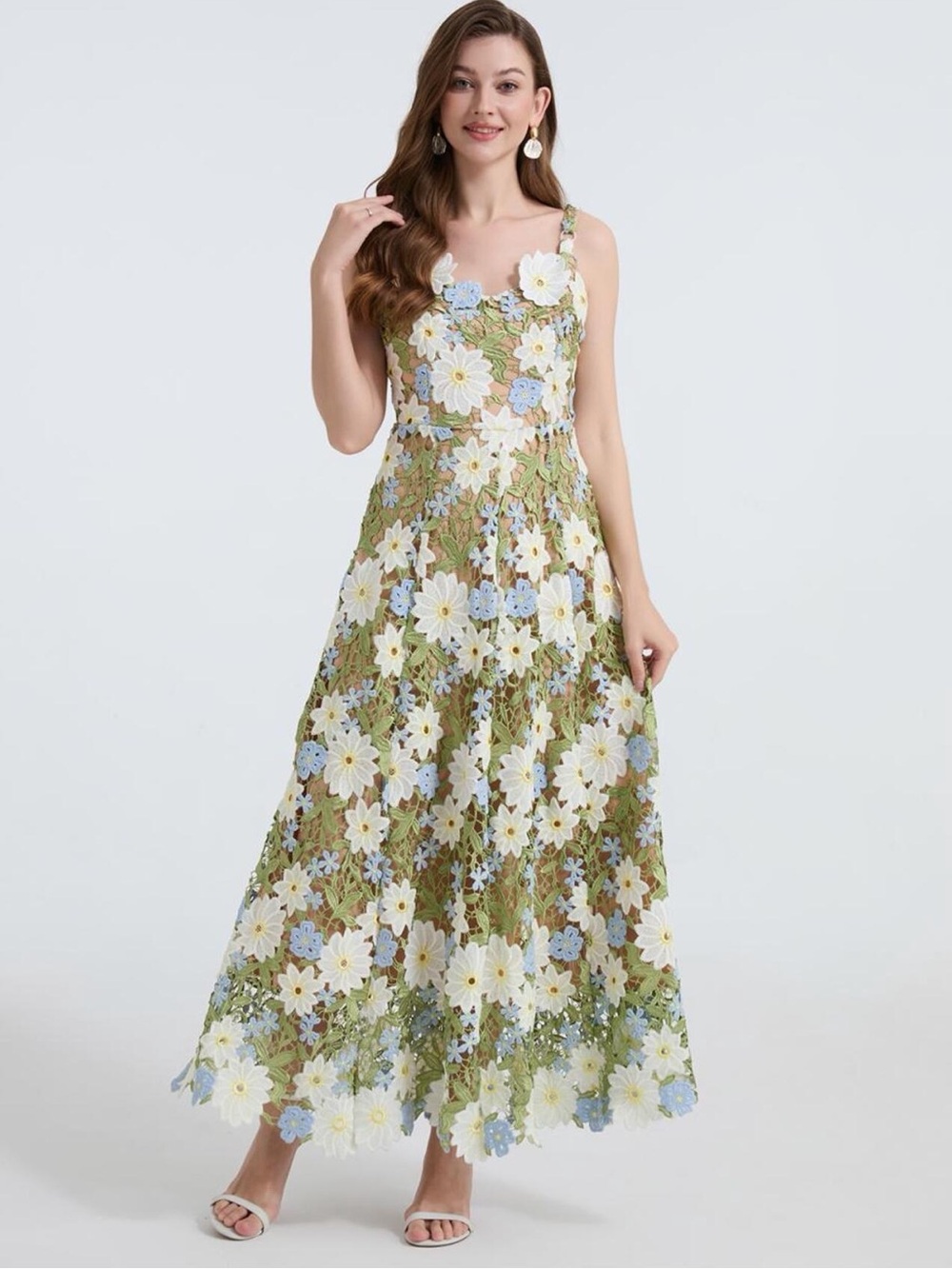 💚 Hello Gorgeous! Floral Brocade Embroidered Maxi Dress Floral Lace- Green